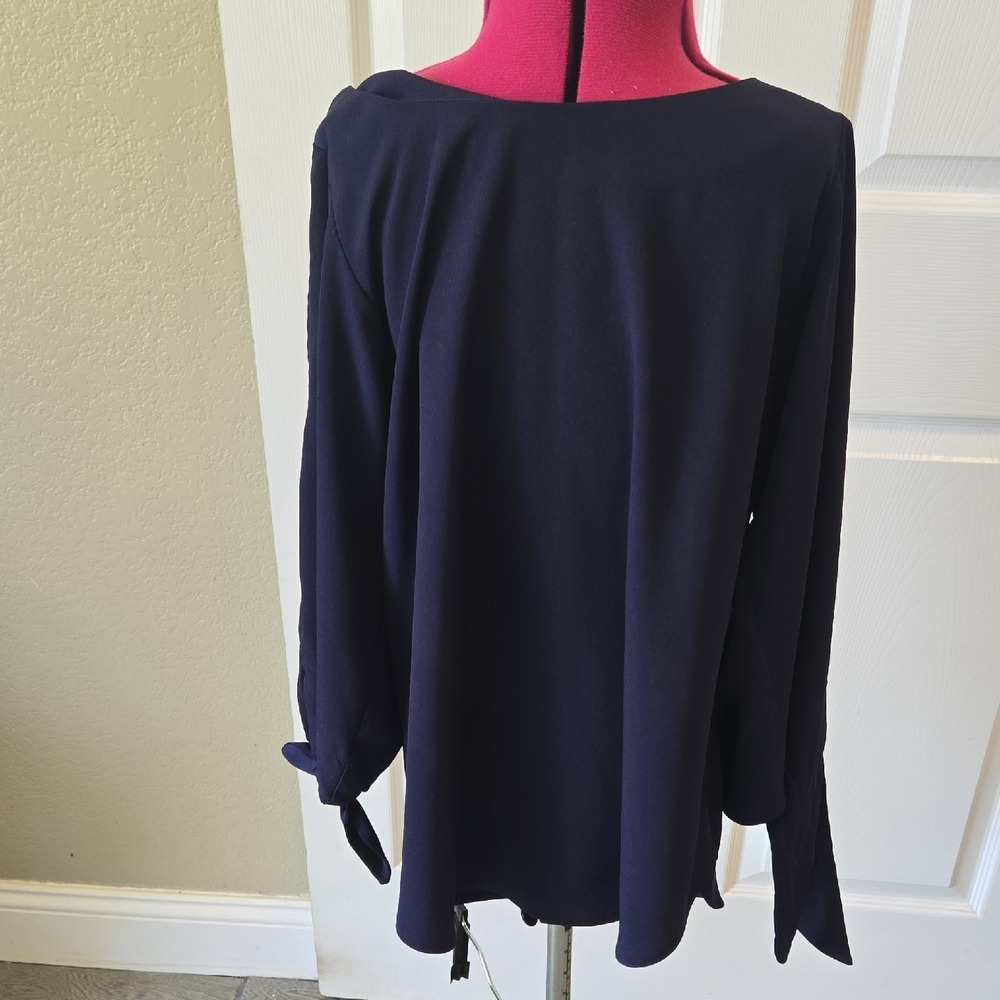 Pleione Navy Blue Long Sleeve Tie Cuff Blouse Boat Neck Top Small